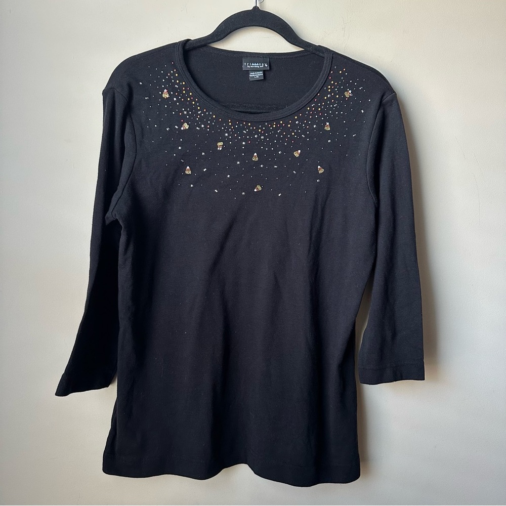 Trilogy by Morning Sun bedazzled Candy Corn 3/4 sleeve shirt Sz Large Halloween